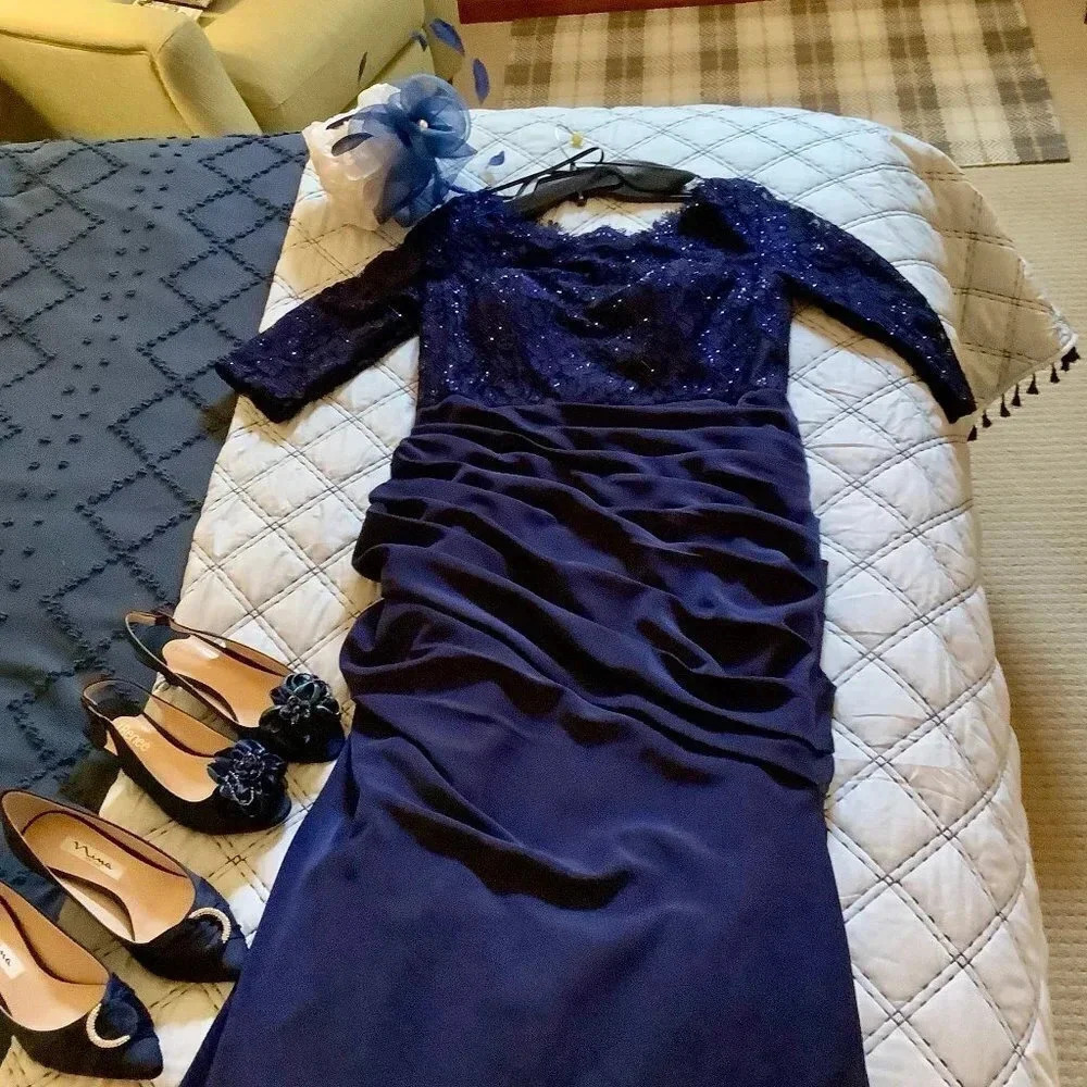 La Femme Wedding Sparkle Navy Blue Mother of Groom/Bride/Guest Dress, Size 10 - Picture 9 of 14